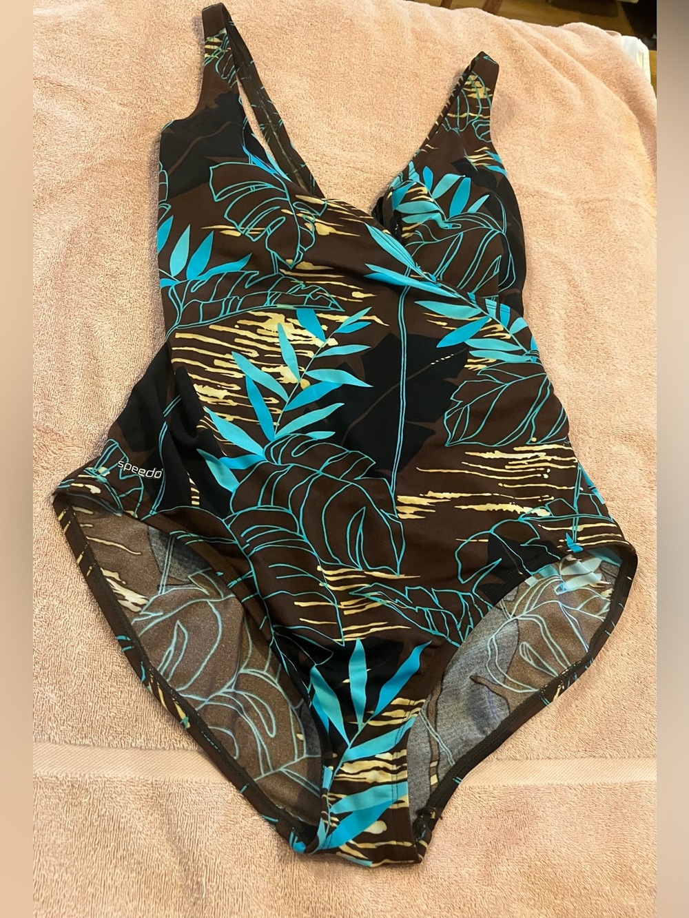 Speedo Women’s Brown Tropical One-Piece Swimsuit with Teal & Gold Leaf Print NWT